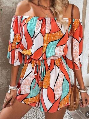 NWT Off-Shoulder Multicolor Printed Romper in Coral & Teal